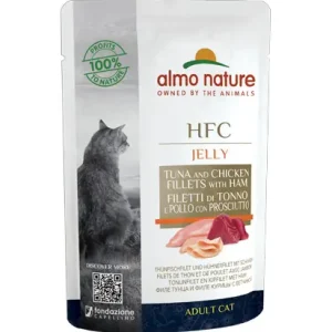 Highlight Sparpaket 6 x 55 g Almo Nature HFC Jelly Thunfischfilet und Hühnerfilet mit Schinken Katzen Nassfutter